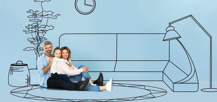 Glad european adult family hugs with daughter, have fun on floor, on blue studio background, with abstract drawn furniture in living room, panorama. Buying home, moving, planning interior