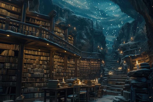 An ancient library filled with magical books, glowing orbs, and mystical artifacts. Shelves reach up to a high, vaulted ceiling, with soft light filtering through stained glass windows. Resplendent.