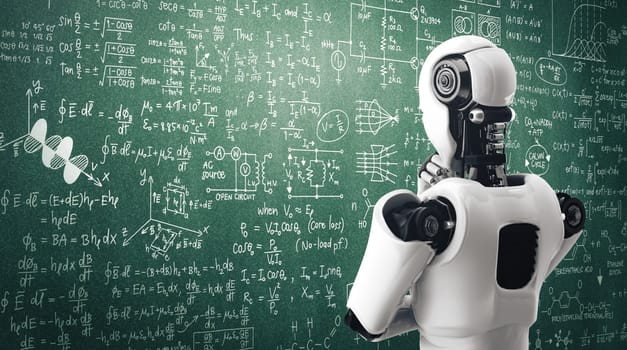 XAI 3d illustration Thinking AI humanoid robot analyzing screen of mathematics formula and science equation by using artificial intelligence and machine learning process for the 4th industrial revolution. 3D illustration