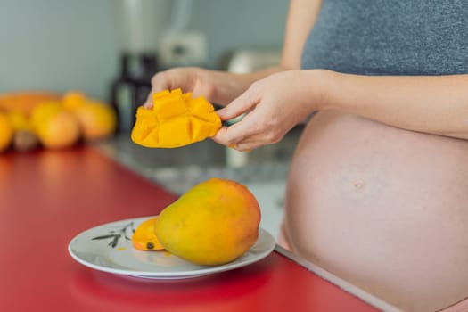 A skillful pregnant woman delicately cuts into a ripe mango, savoring a moment of culinary joy and nourishing her pregnancy with a fresh and flavorful treat.