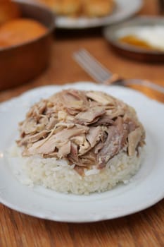 Boiled chicken, steamed rice, pink plate. High quality photo