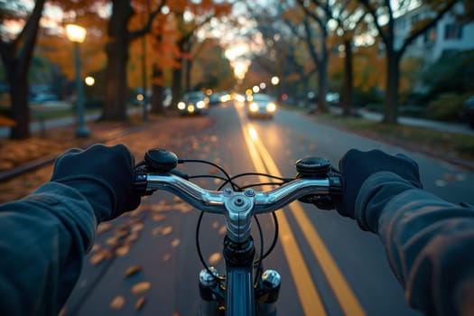 Biker, man riding a bicycle on a road in evening, activity save energy.