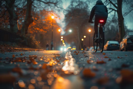 Biker, man riding a bicycle on a road in evening, activity save energy.