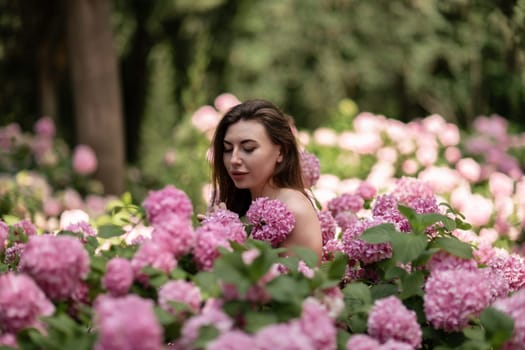 Hydrangeas Happy woman in pink dress amid hydrangeas. Large pink hydrangea caps surround woman. Sunny outdoor setting. Showcasing happy woman amid hydrangea bloom