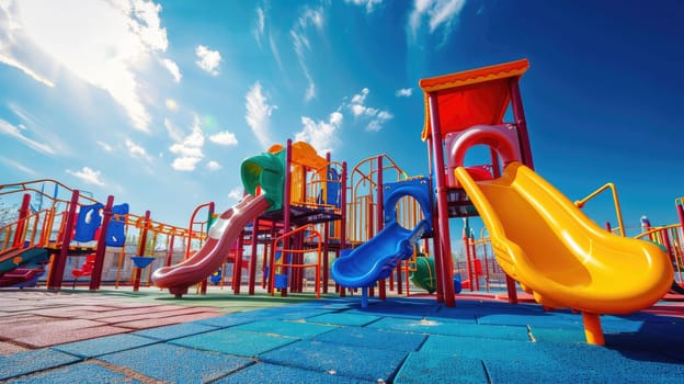 Young children enjoy a sunny day playing on vibrant playground equipment in a park with slides and climbing structures. Resplendent.