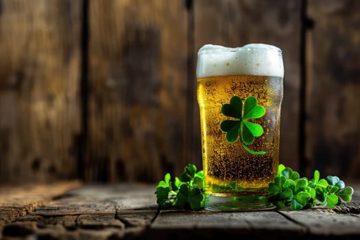 A green shamrock in honor of St. Patrick's Day, floating in cold beer