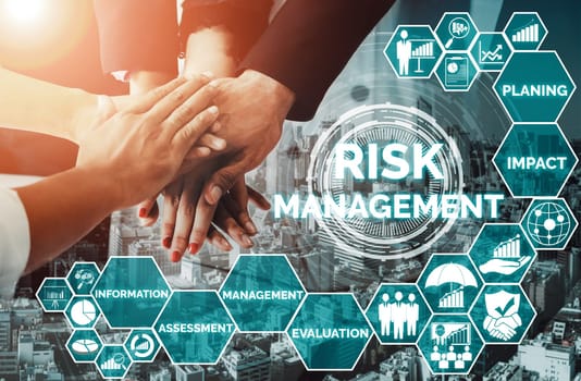 Risk Management and Assessment for Business Investment Concept. Modern interface showing symbols of strategy in risky plan analysis to control unpredictable loss and build financial safety. uds