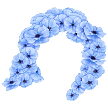 A female hairstyle adorned with blue watercolor anemones. design is for use in beauty salons, fashion magazines, hair care products, and promotional materials targeting women's styling and fashion.