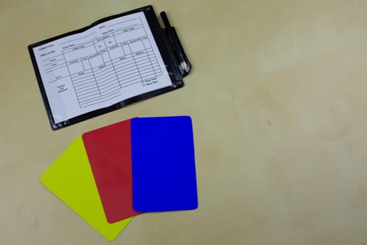 Set of referee cards for football with a new blue card due to changes in the rules of game, concept of blue card in football