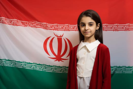 Beautiful Iranian woman with Iranian flag backgroud. Generative AI.