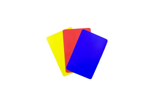 Football referee cards with third blue card, additional football card, soccer referee set on isolated white background