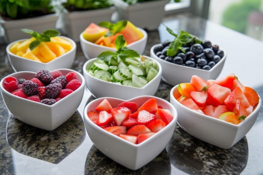 Colorful Healthy Food Heart Bowls, Generative AI.