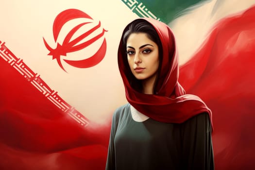 Beautiful Iranian woman with Iranian flag backgroud. Generative AI.