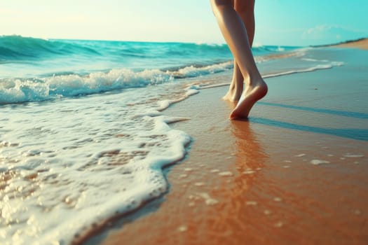 Women's legs on the beach near the sea. Travel concept. AI generated, human enhanced.