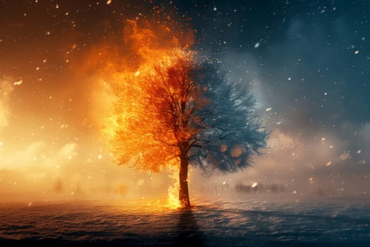 a tree fire and snow in global warming concept standing on melting ice in this world we live in, Climate Crisis in the Arctic, generative ai.