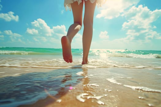 Women's legs on the beach near the sea. Travel concept. AI generated, human enhanced.