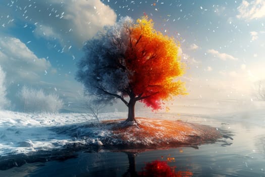 a tree fire and snow in global warming concept standing on melting ice in this world we live in, Climate Crisis in the Arctic, generative ai.