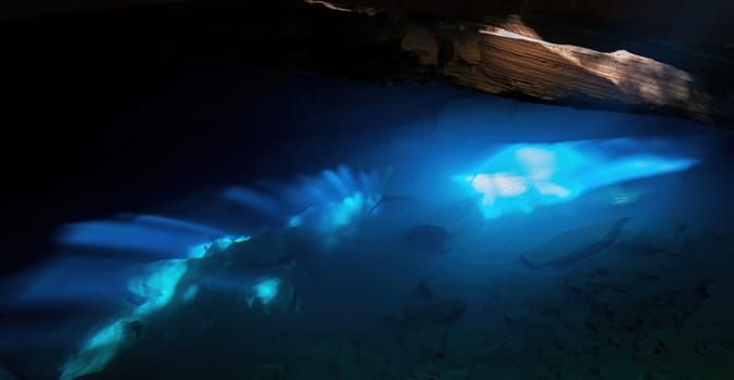 A serene underwater cave is illuminated by blue light, casting a magical glow and creating a tranquil atmosphere.