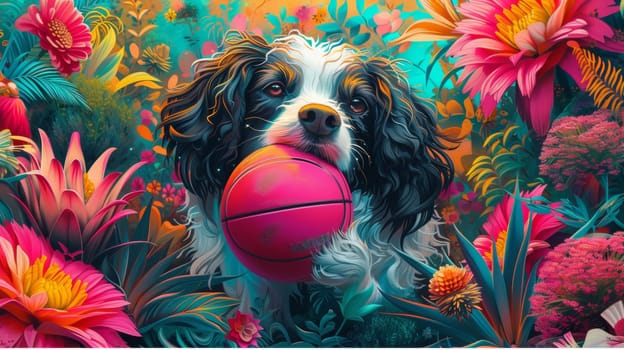 A dog with a ball in its mouth surrounded by flowers