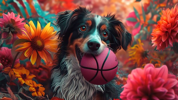 A dog with a basketball in its mouth surrounded by flowers