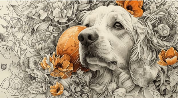 A dog with a ball in his mouth surrounded by flowers