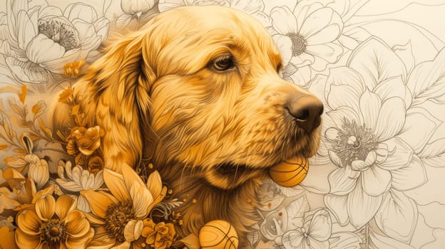 A drawing of a dog with flowers and basketballs in the background