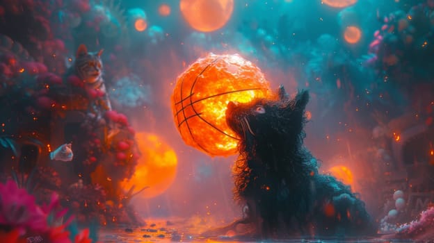 A black cat with a basketball in its mouth surrounded by flowers