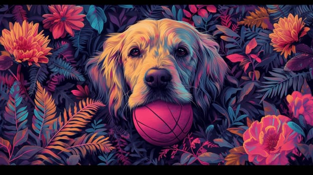 A dog with a ball in its mouth surrounded by flowers