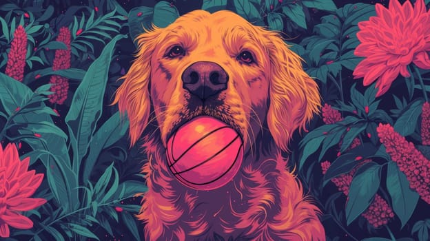 A dog with a ball in its mouth surrounded by flowers