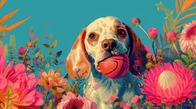 A dog with a ball in his mouth surrounded by flowers