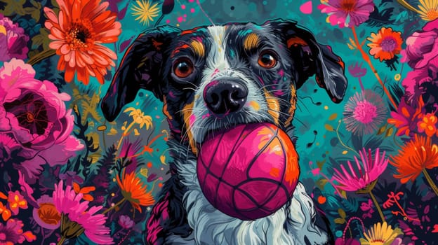 A dog with a ball in his mouth surrounded by flowers