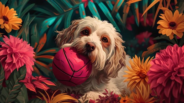 A dog with a ball in his mouth surrounded by flowers