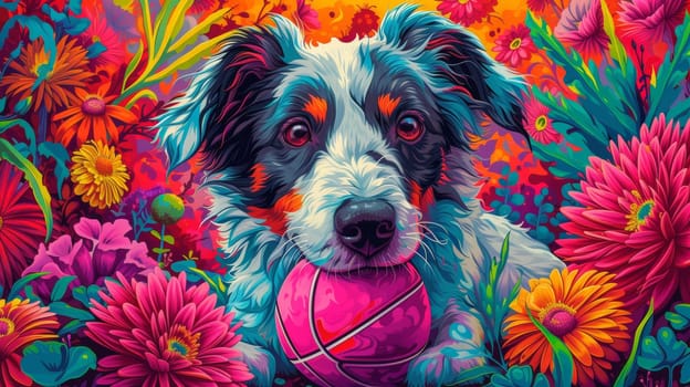 A dog with a ball in its mouth surrounded by flowers