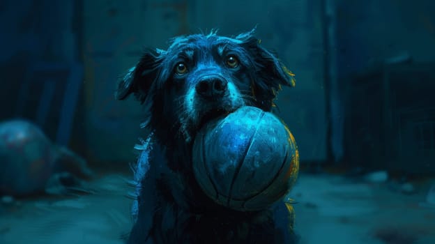 A dog with a ball in its mouth on the floor