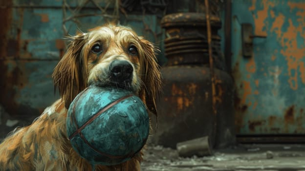 A dog with a ball in his mouth standing next to an old building