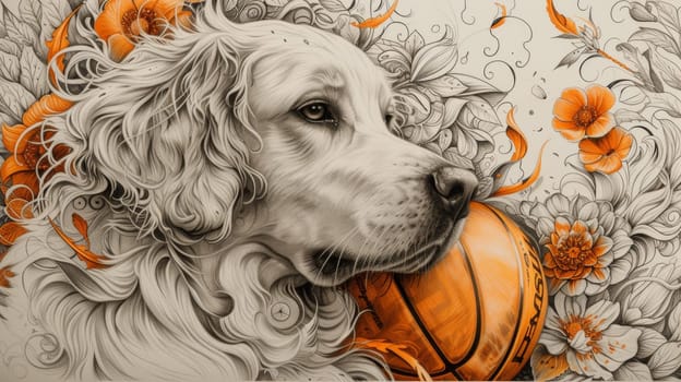 A drawing of a dog holding onto a basketball in front of flowers