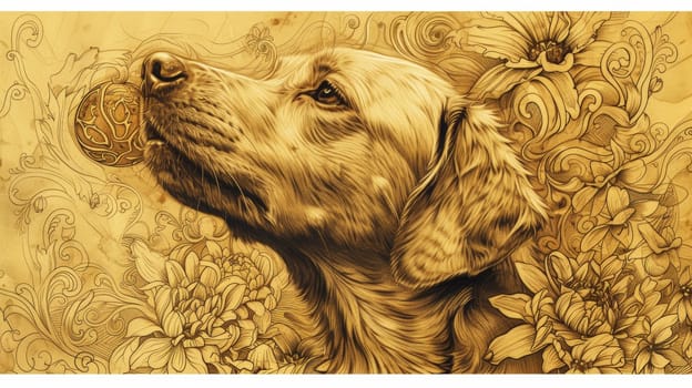 A drawing of a dog sniffing flowers in the background