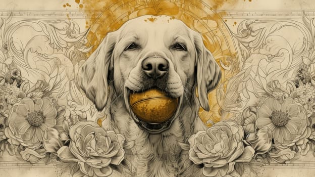 A dog with a ball in his mouth surrounded by flowers