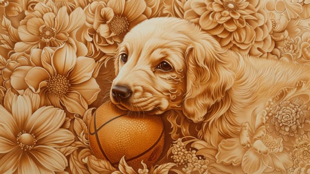 A painting of a dog with a basketball in its mouth
