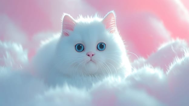A white cat with blue eyes sitting on a fluffy cloud