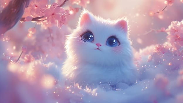 A white cat with blue eyes sitting in a pink field