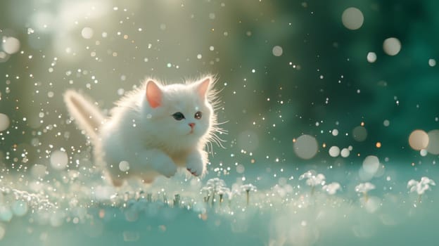 A white kitten running through a field of dandelions