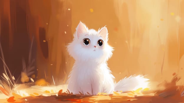 A white cat sitting on the ground with big eyes