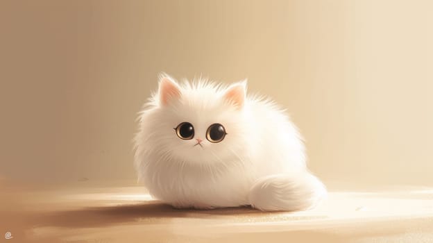 A white fluffy cat with big eyes sitting on a floor