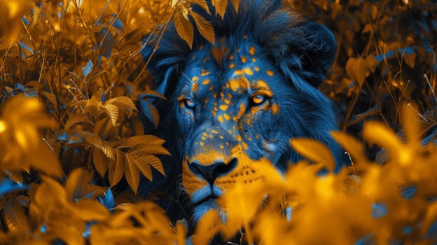 A lion is sitting in the middle of a forest with leaves