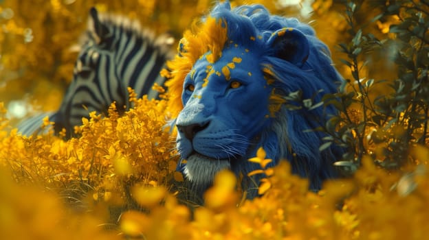 A blue lion and zebra in a field of yellow flowers