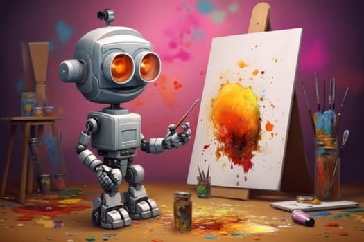 Concept of generative AI art technology, robot painting picture in studio. comeliness