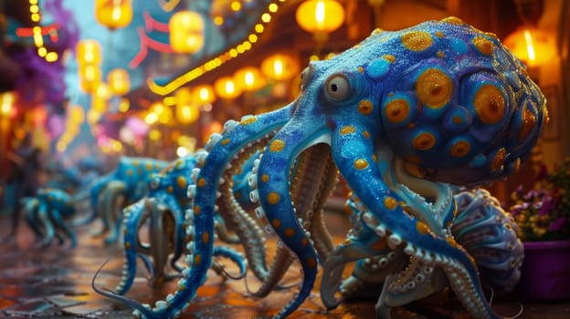 A group of blue and yellow octopus statues are lined up on a street