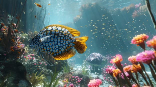 A fish swims in a coral reef with colorful plants and animals