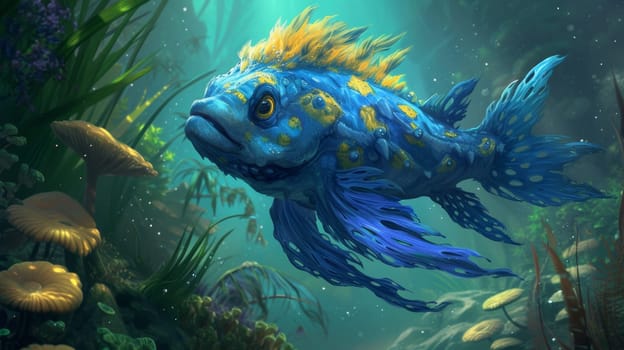 A blue fish swimming in a sea of green and yellow plants